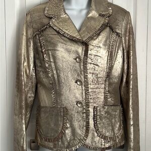 Amorimiei Milan Distressed Gold Leather Blazer with ruffle details, Size 10
